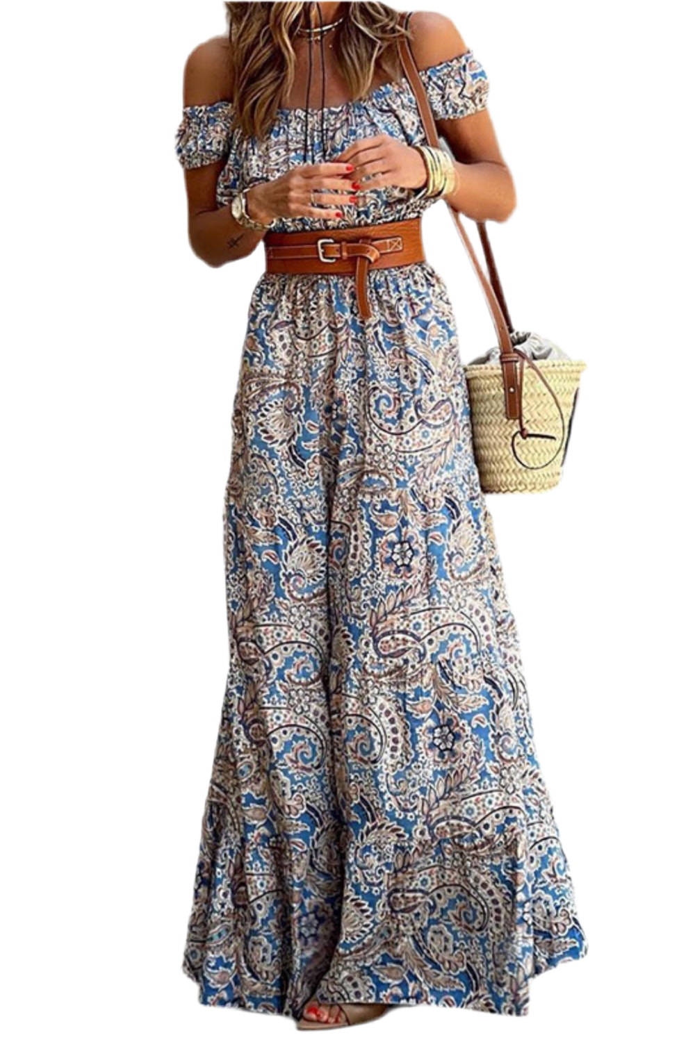 Printed Off-Shoulder Short Sleeve Maxi Dress