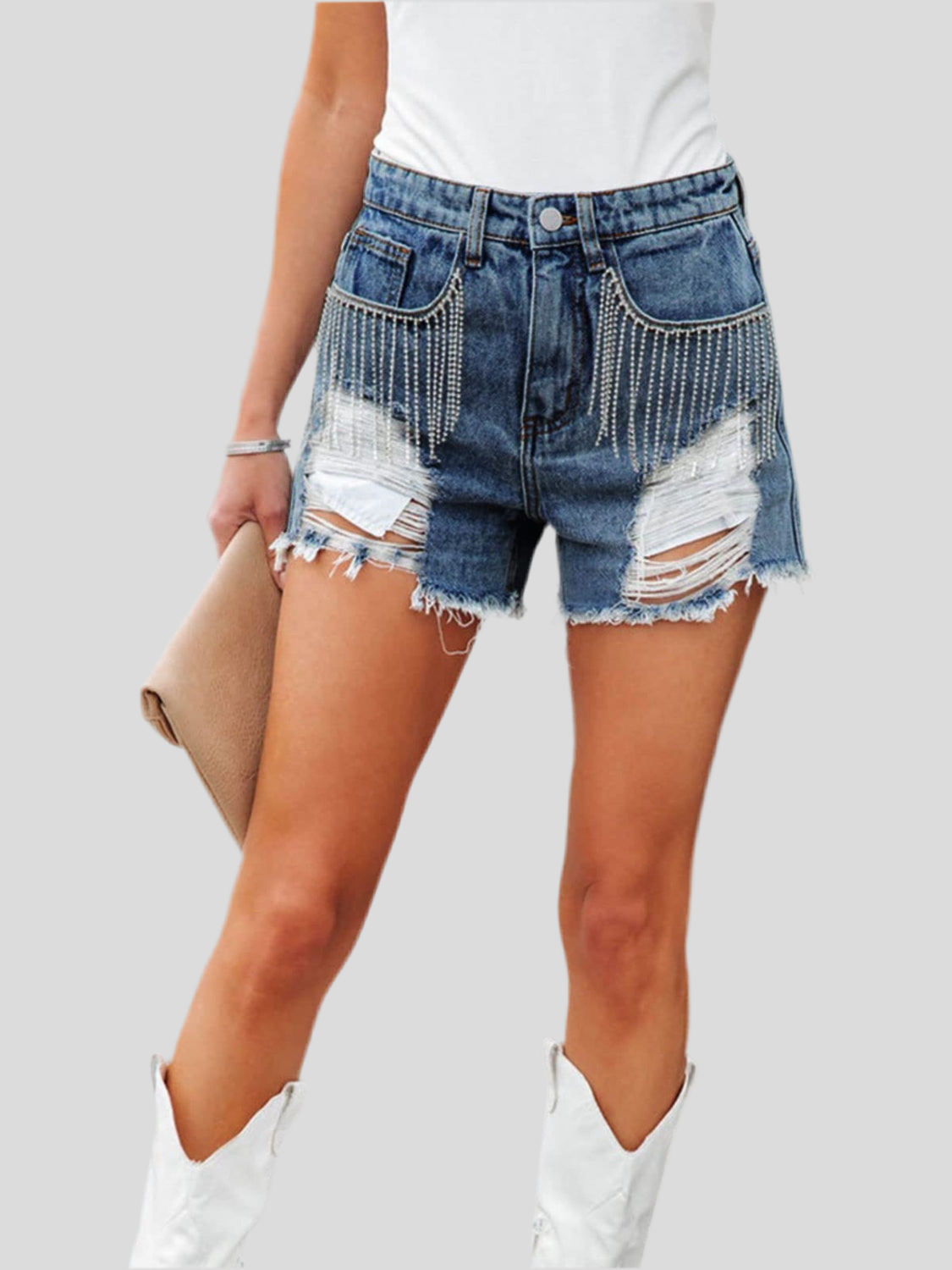 Distressed Fringe Denim Shorts with Pockets
