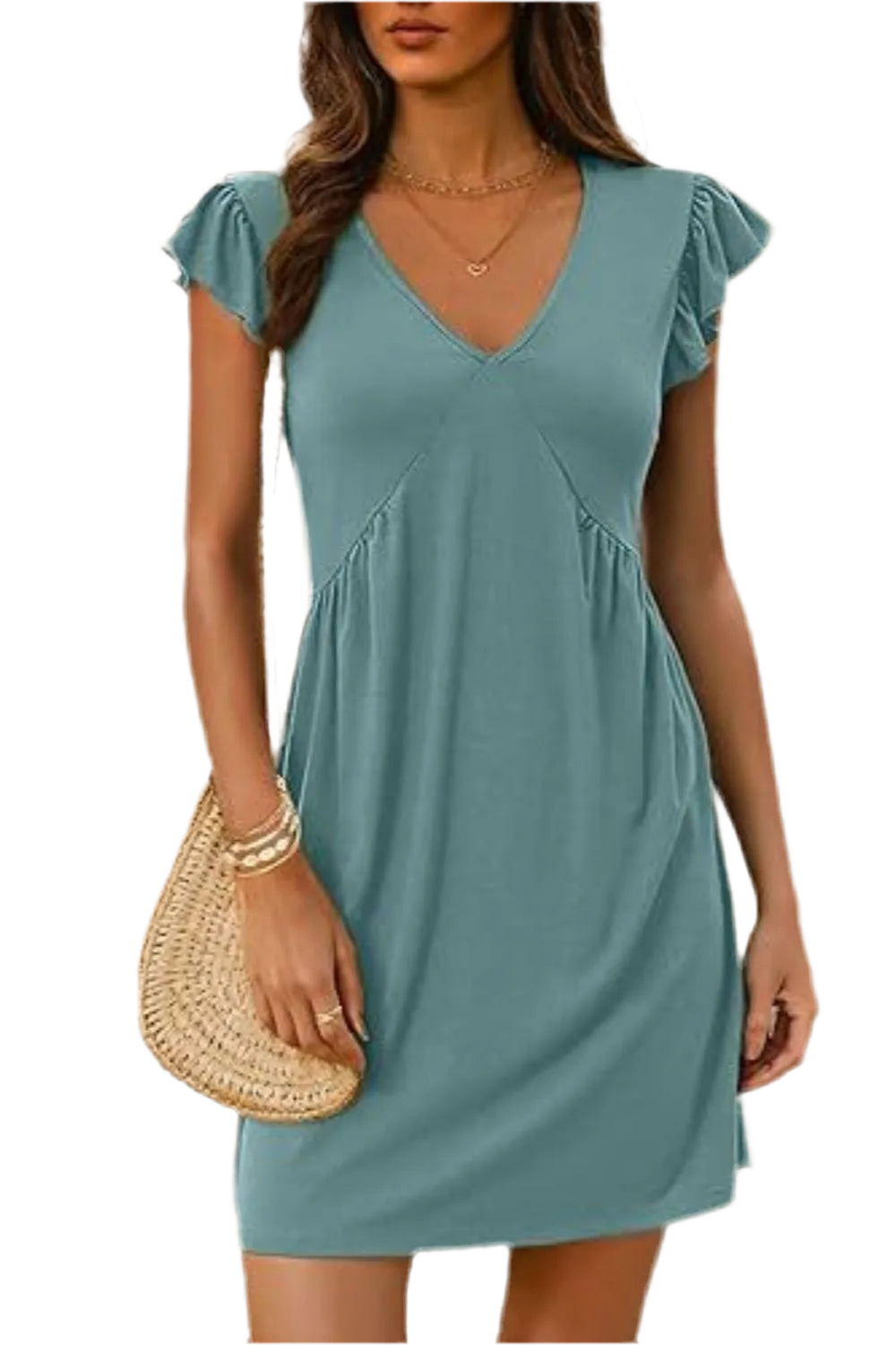 V-Neck Ruffled Cap Sleeve Dress