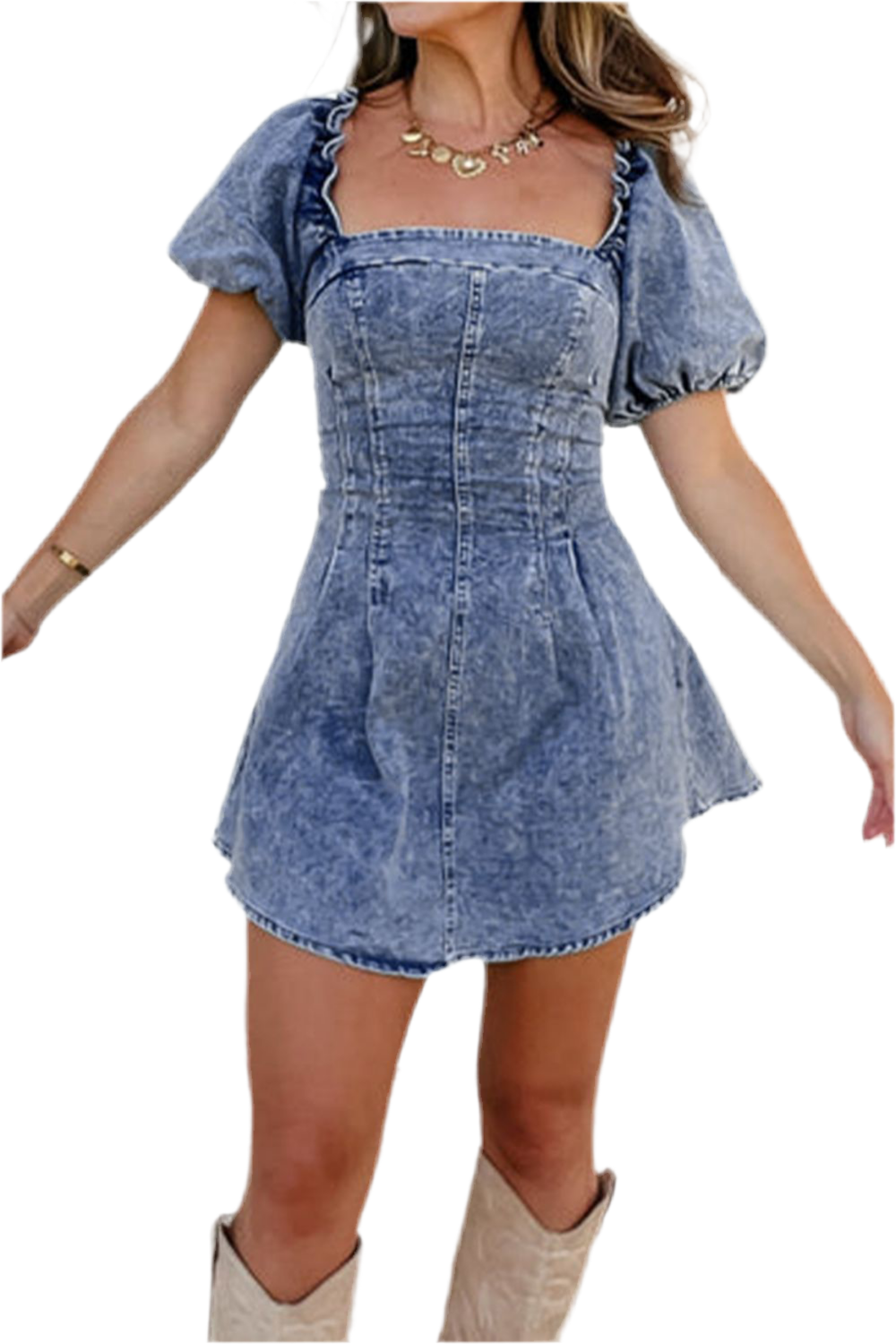 Tie Back Square Neck Puff Sleeve Denim Dress