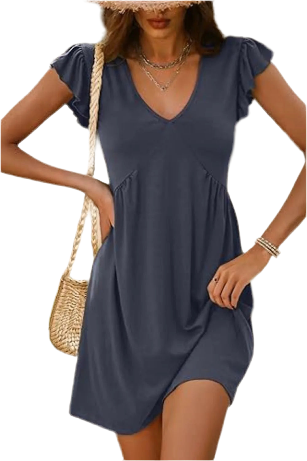 V-Neck Ruffled Cap Sleeve Dress