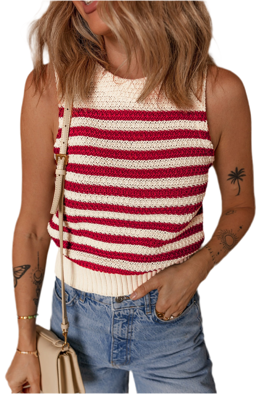 Stripe Textured Knit Ribbed Hem Sweater Tank