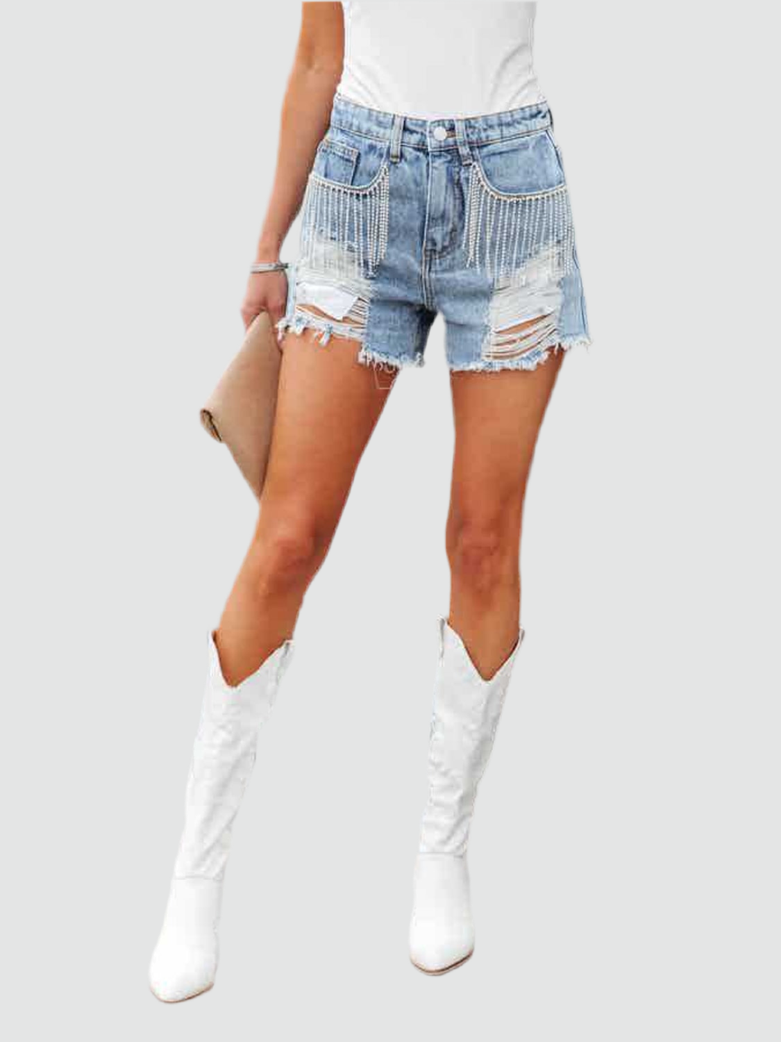 Distressed Fringe Denim Shorts with Pockets