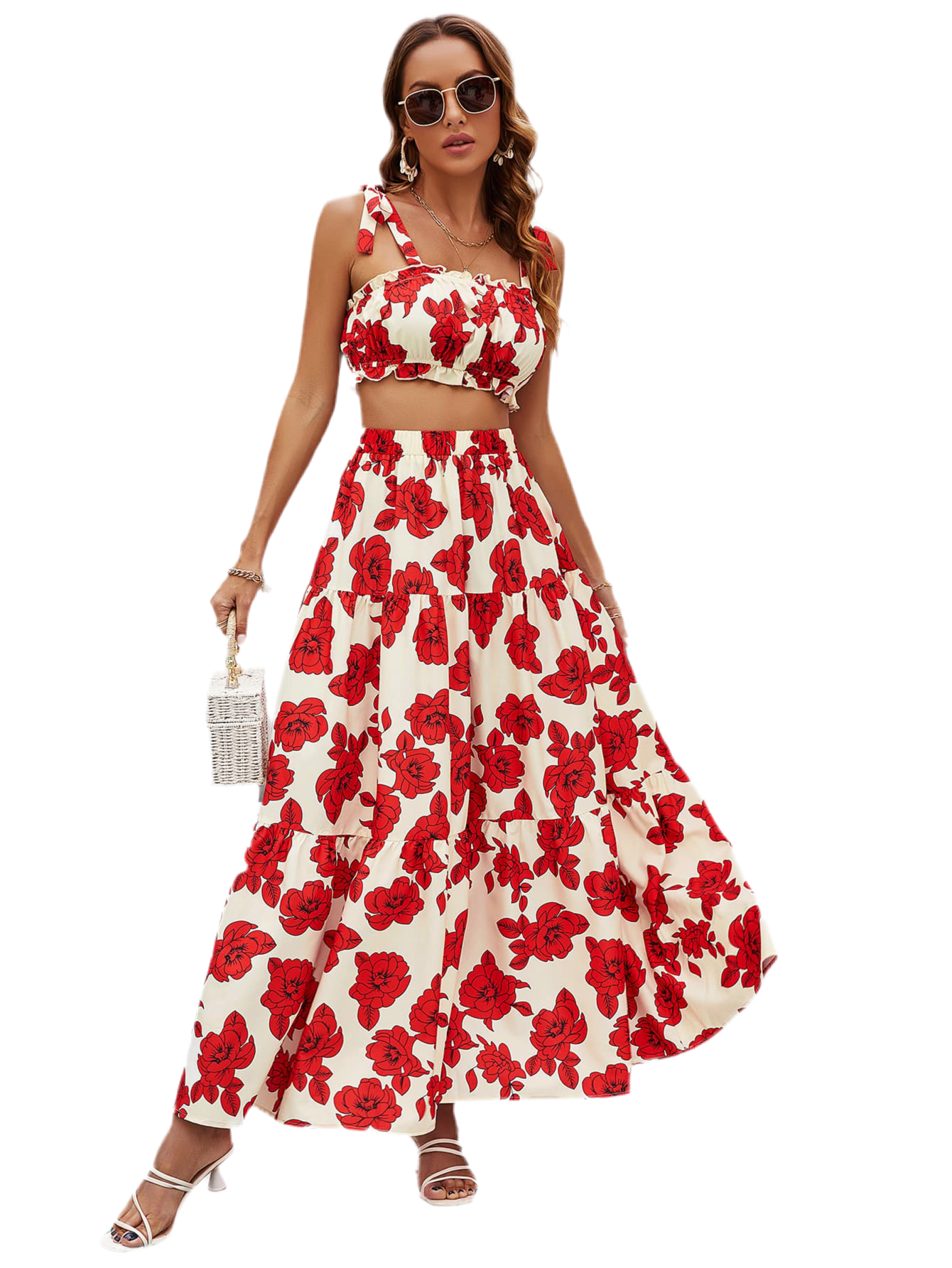 Honey Floral Tie Shoulder Top and Tiered Maxi Skirt Set