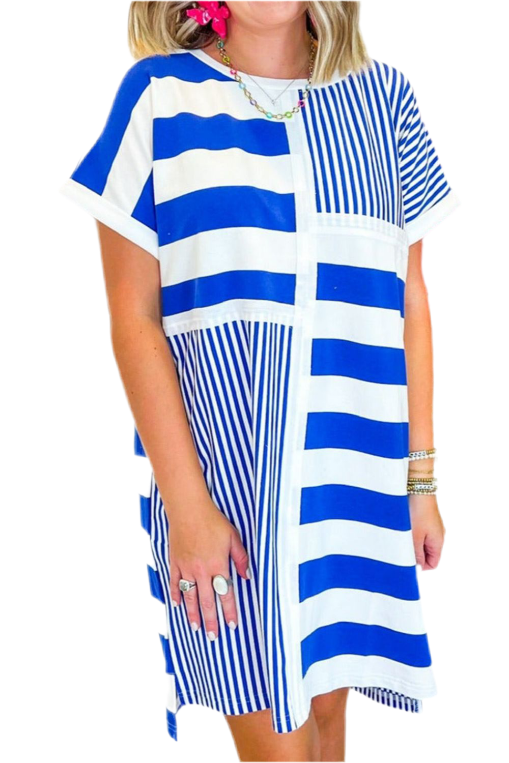 Stripe Mixed Short Sleeve Shift Mini Tee Dress