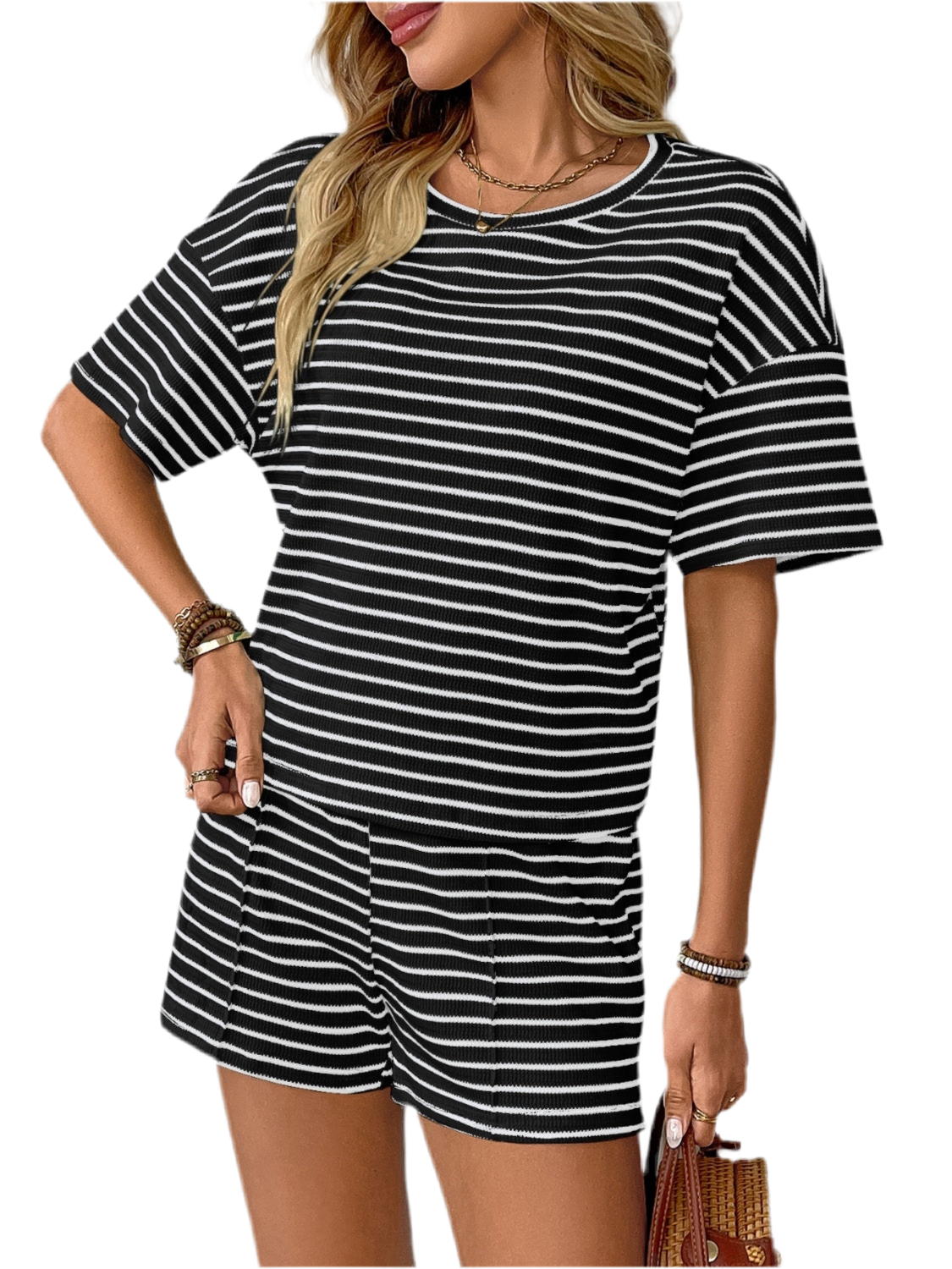 Striped Round Neck Short Sleeve Top and Shorts Set