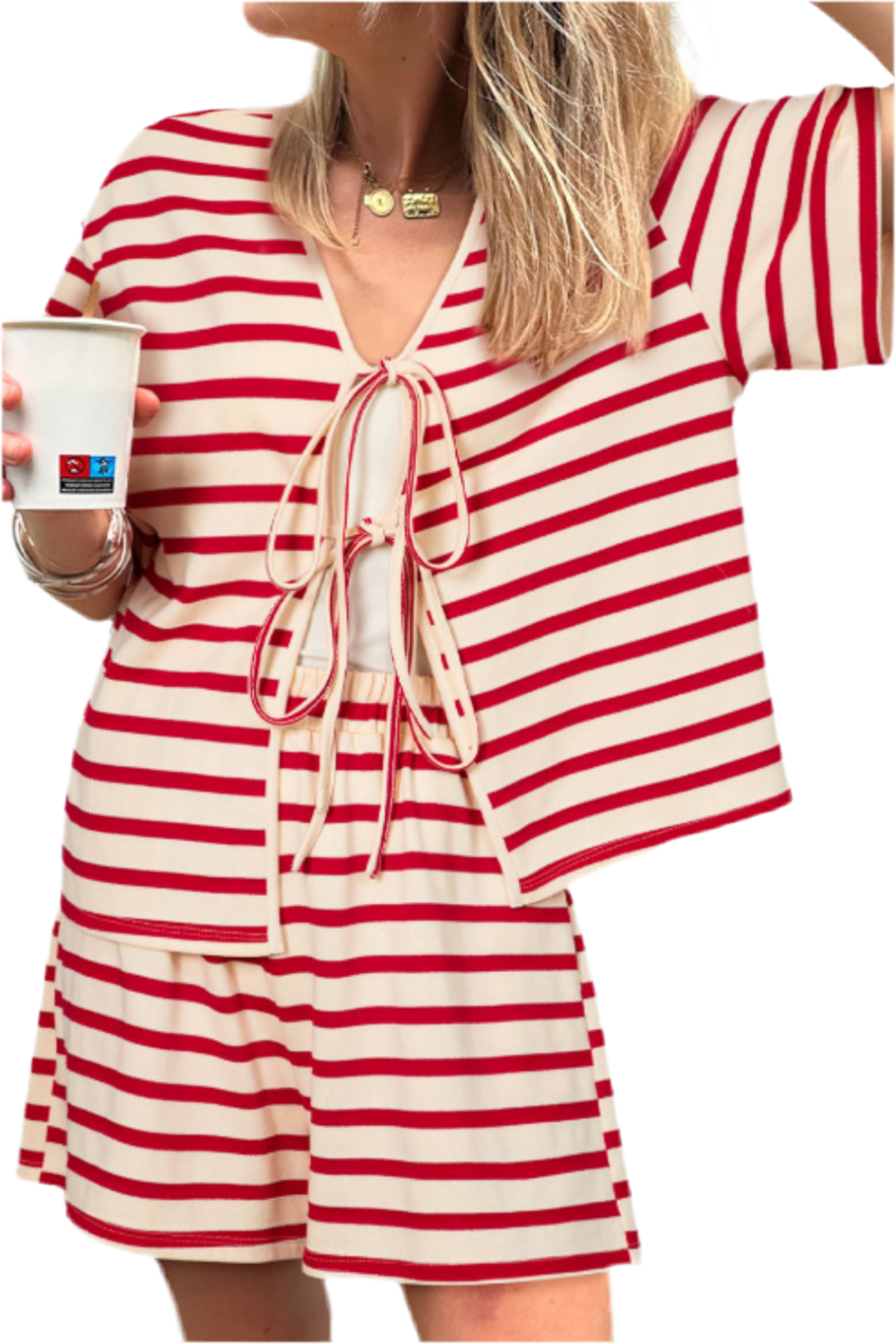 Tied Striped V-Neck Top and Shorts Set