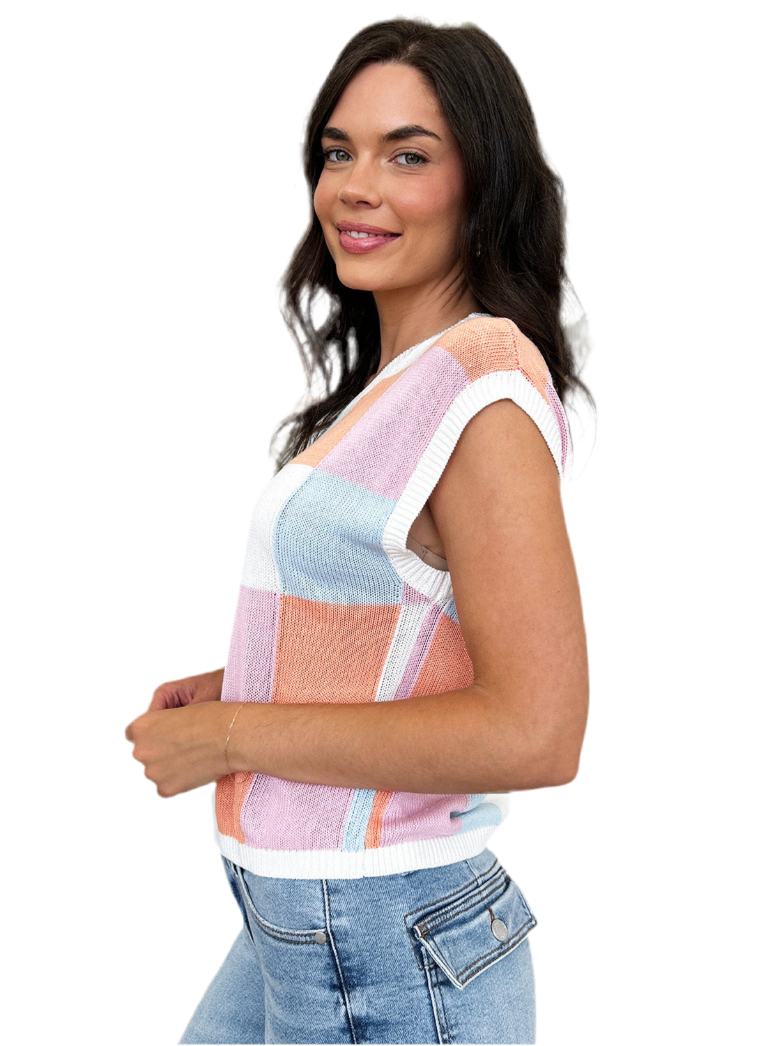 Color Block Round Neck Cap Sleeve Knit Top