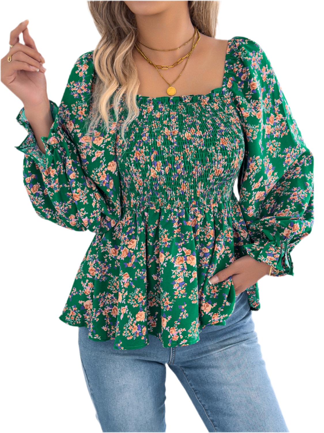 Floral Square Neck Flounce Sleeve Blouse