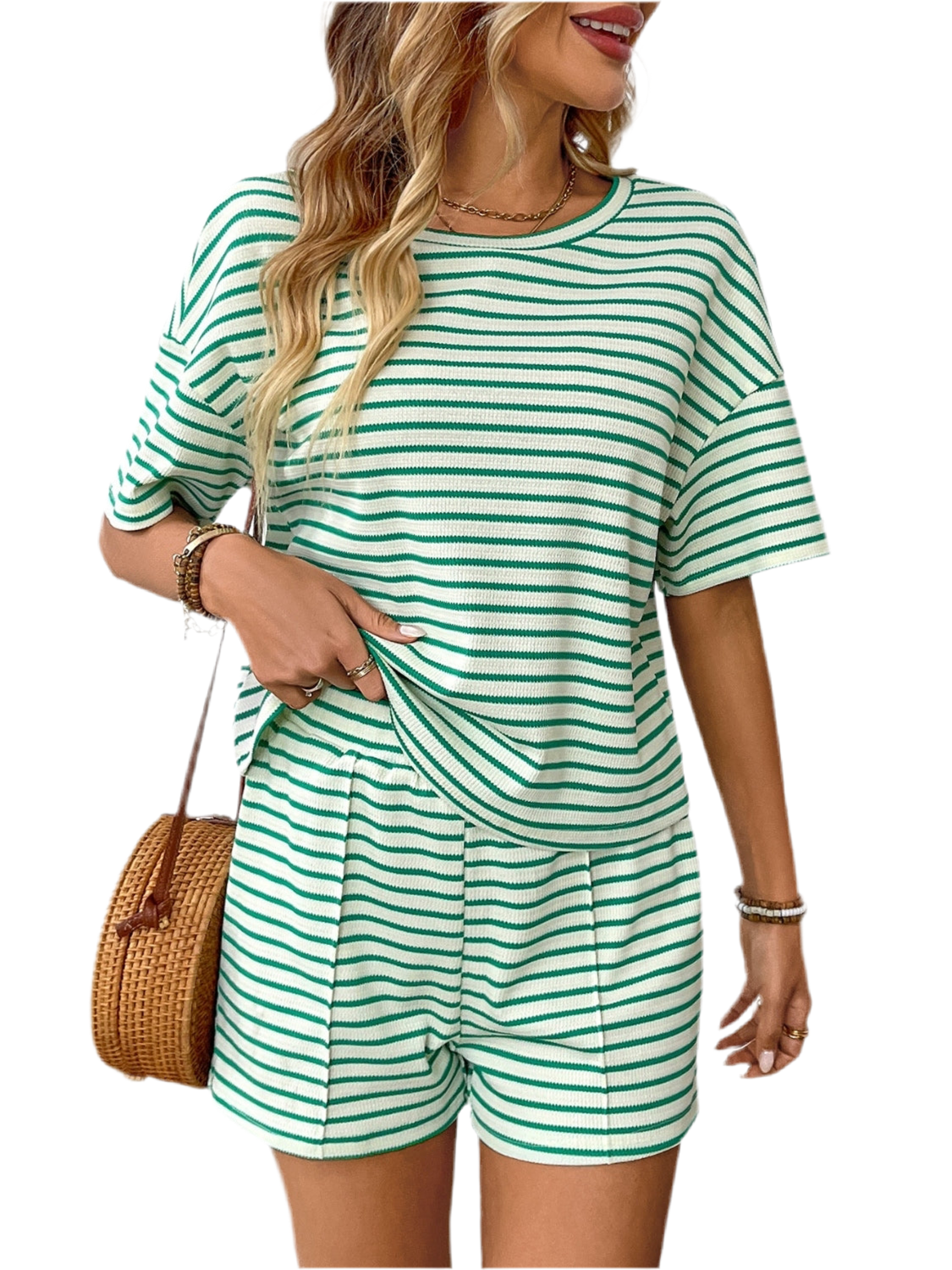 Striped Round Neck Short Sleeve Top and Shorts Set