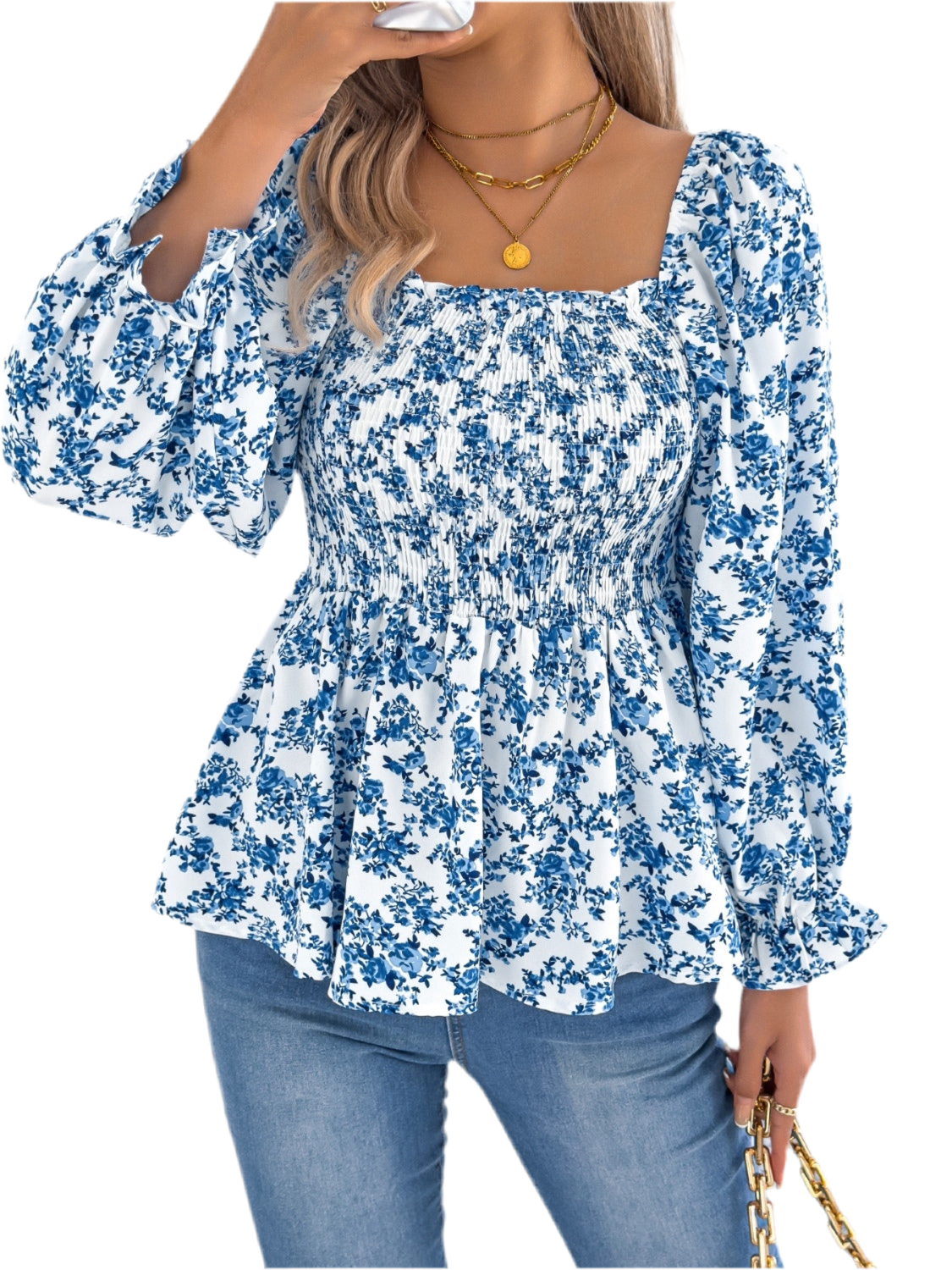 Floral Square Neck Flounce Sleeve Blouse