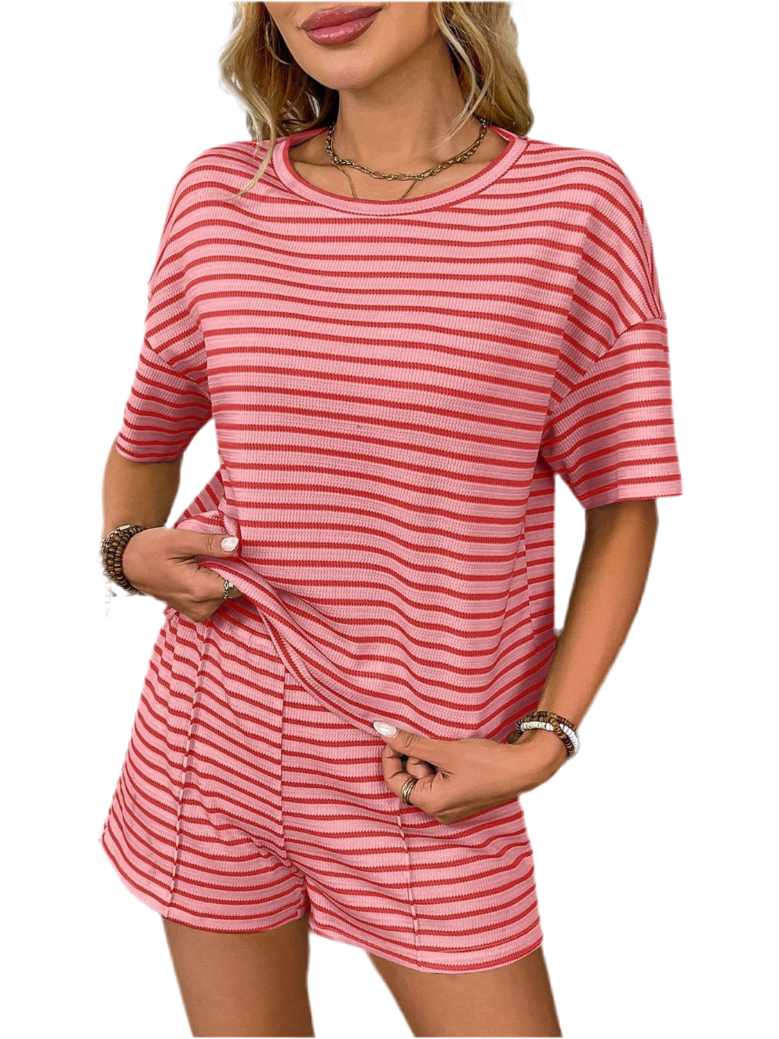 Striped Round Neck Short Sleeve Top and Shorts Set