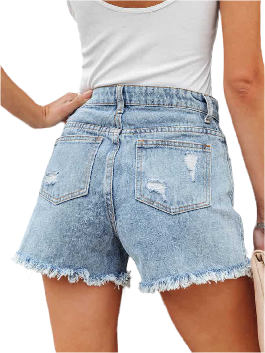 Distressed Fringe Denim Shorts with Pockets