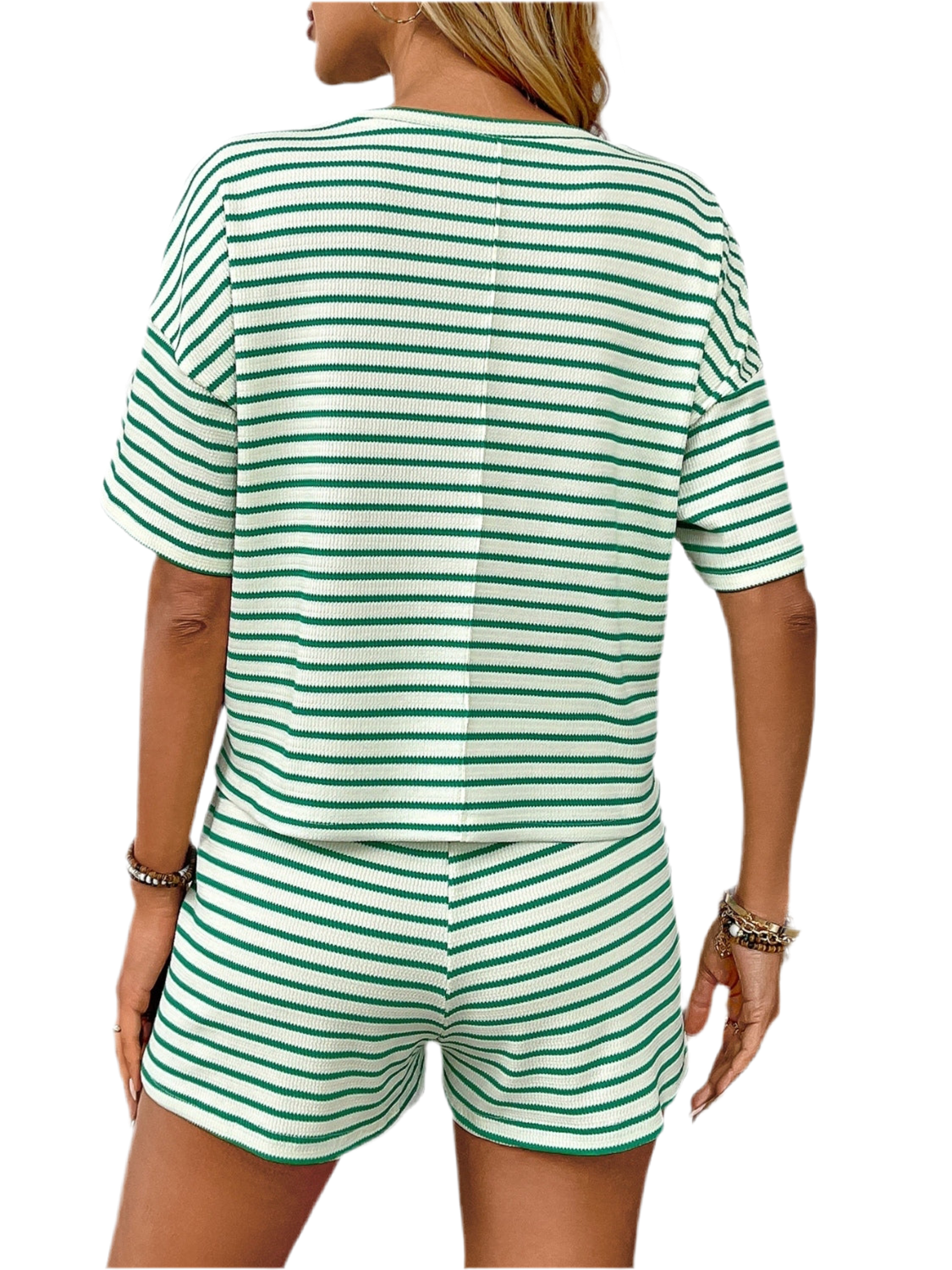 Striped Round Neck Short Sleeve Top and Shorts Set