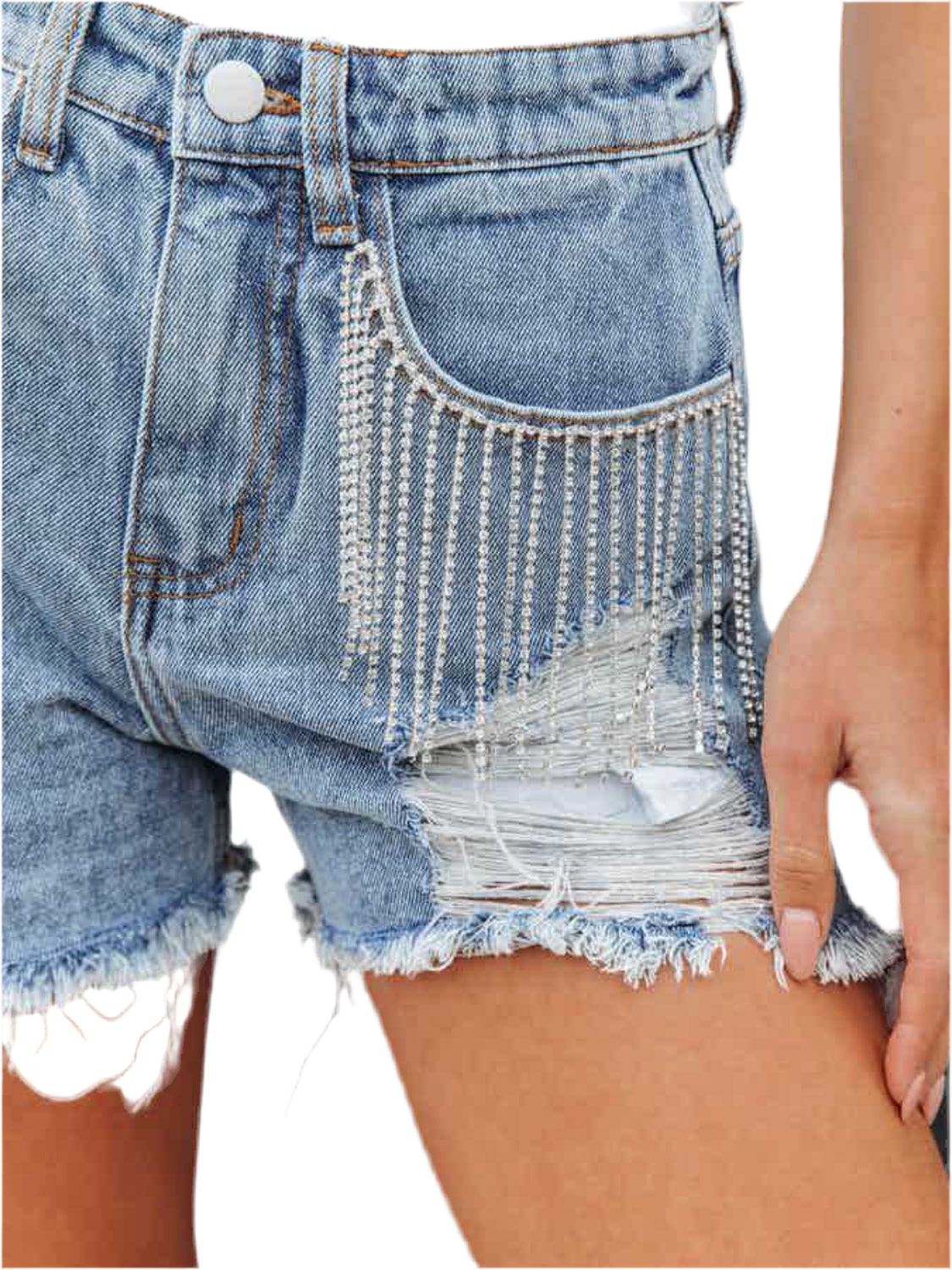 Distressed Fringe Denim Shorts with Pockets