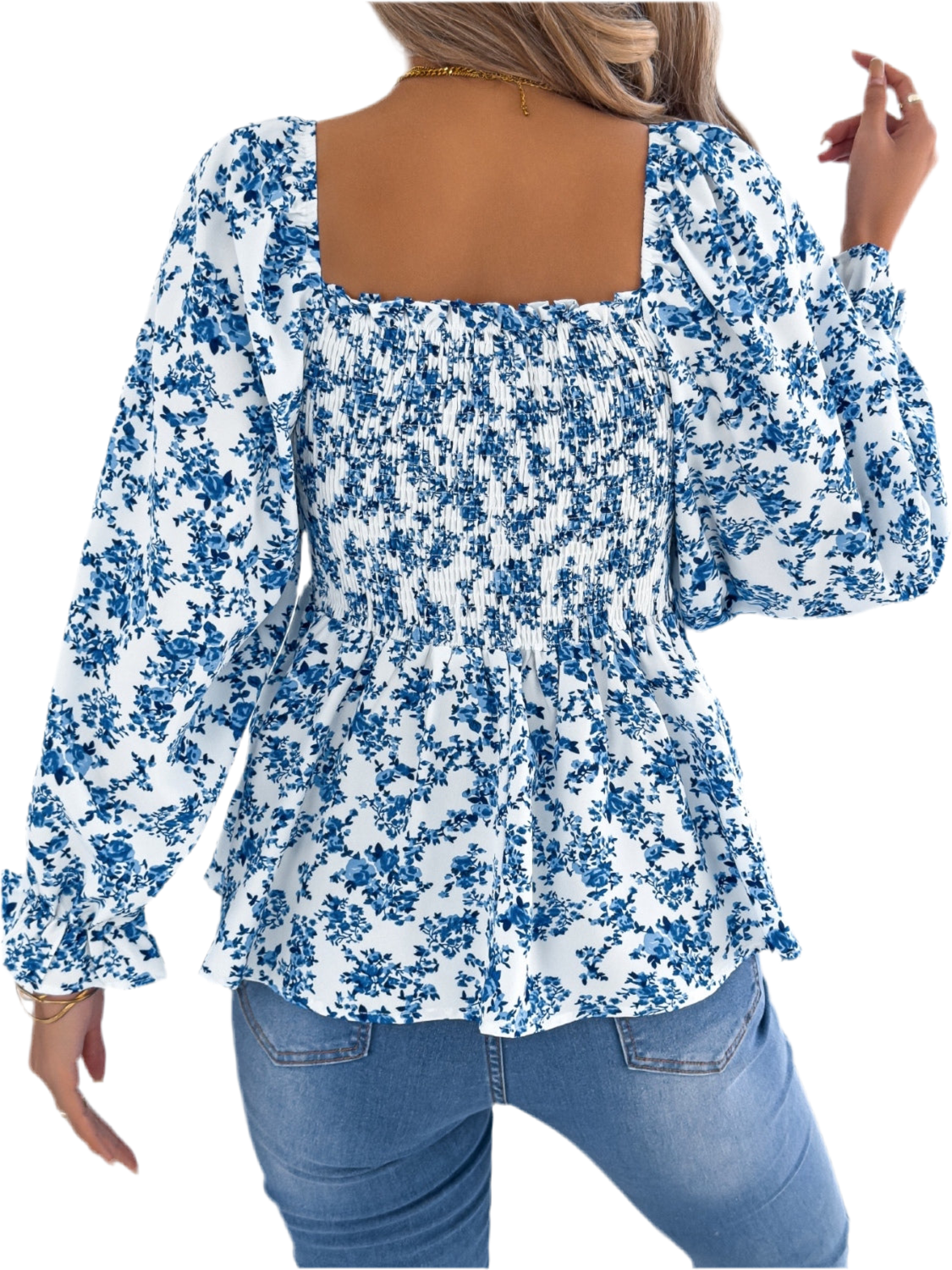 Floral Square Neck Flounce Sleeve Blouse