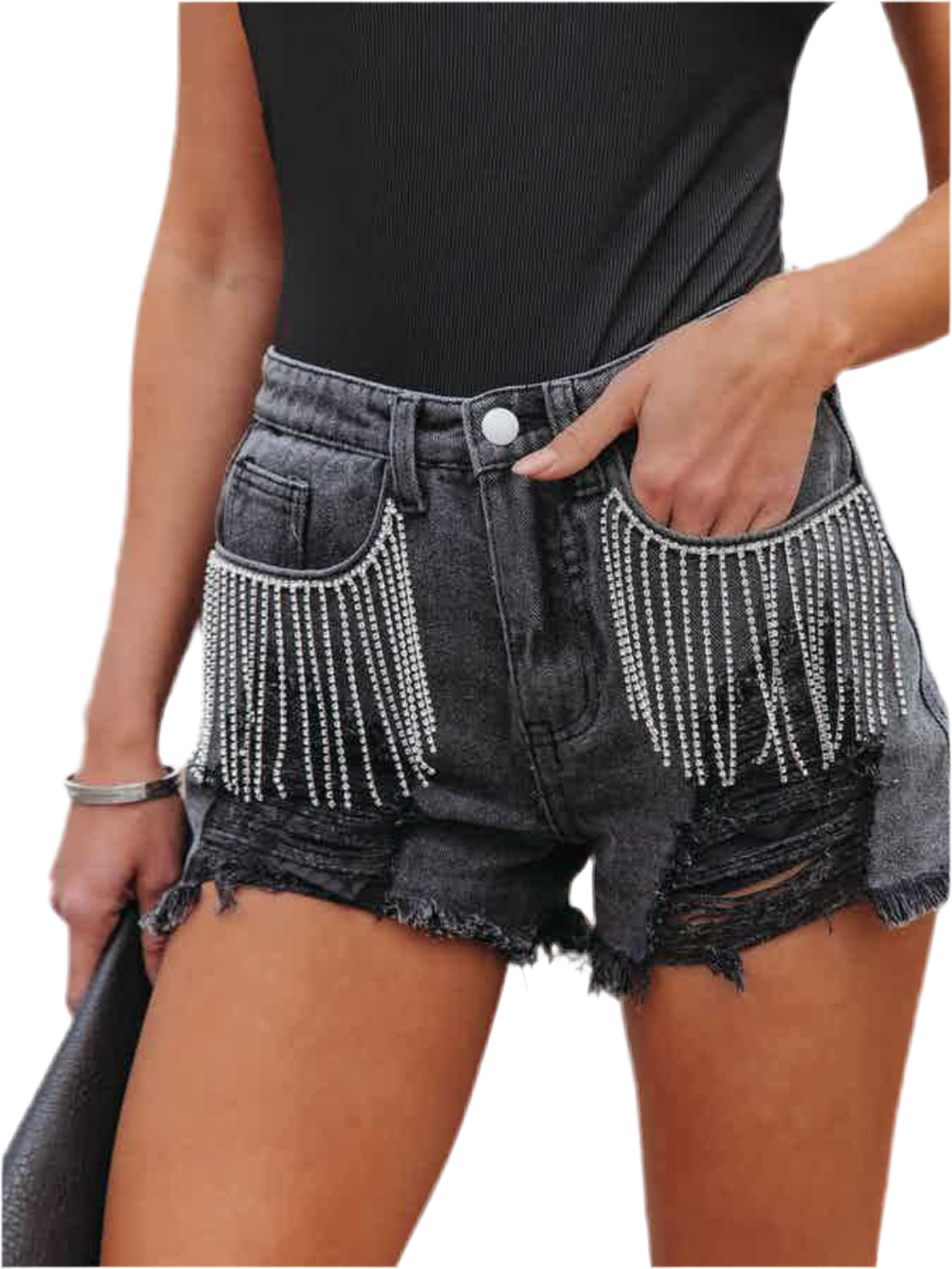 Distressed Fringe Denim Shorts with Pockets