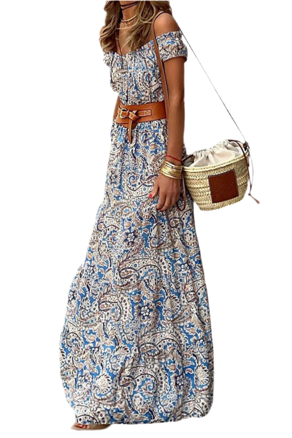 Printed Off-Shoulder Short Sleeve Maxi Dress