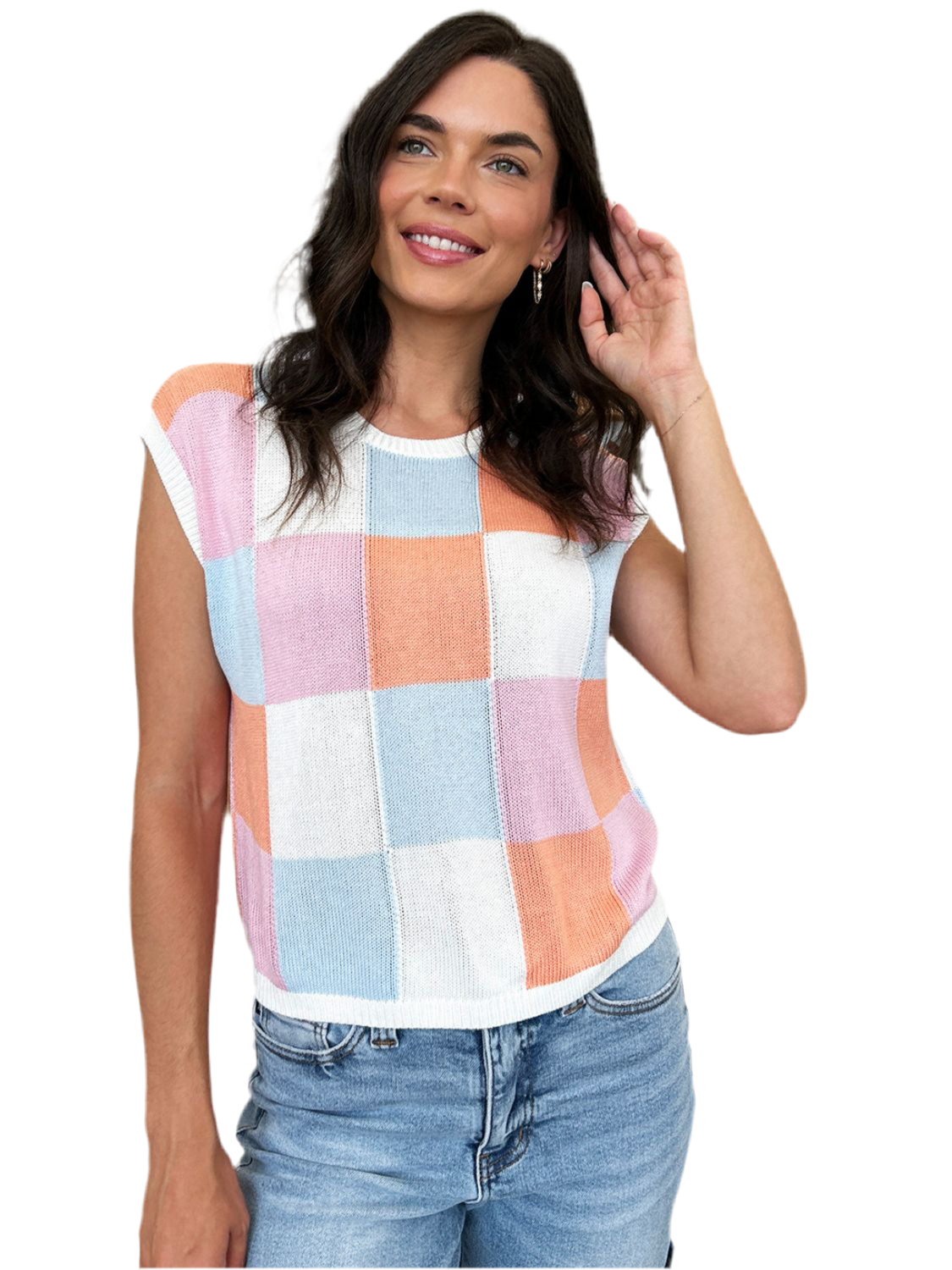 Color Block Round Neck Cap Sleeve Knit Top