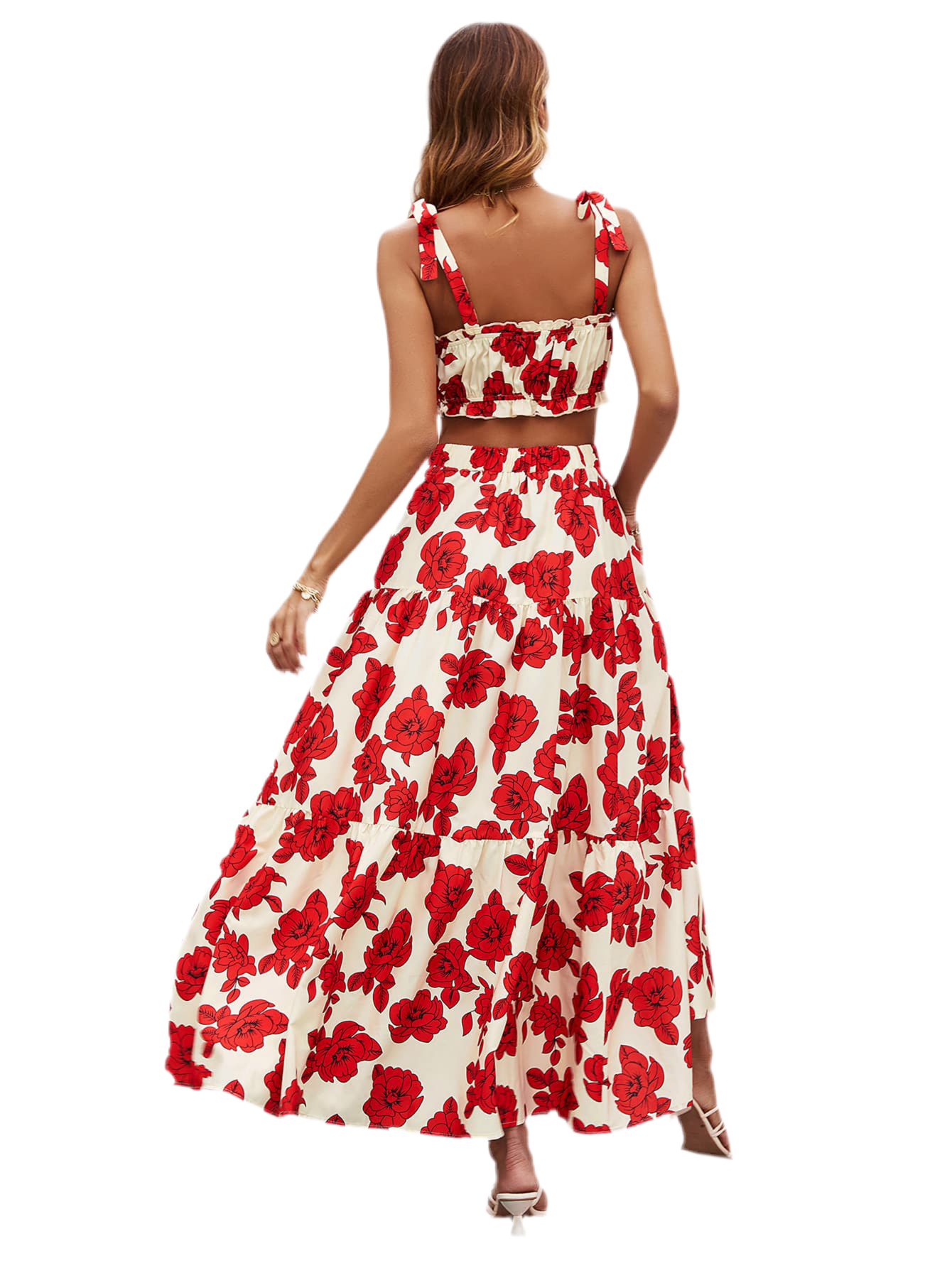 Honey Floral Tie Shoulder Top and Tiered Maxi Skirt Set