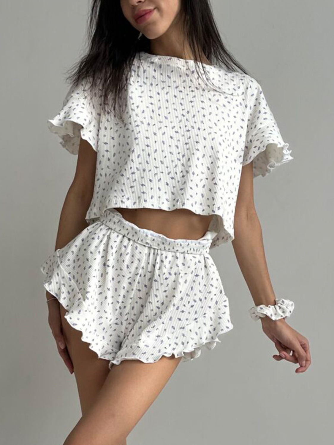 Printed Round Neck Top and Shorts Lounge Set