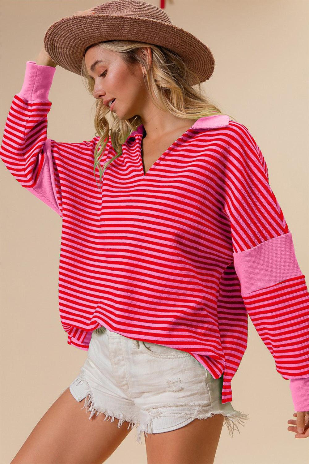 BiBi Striped Contrast Long Sleeve Knit Top