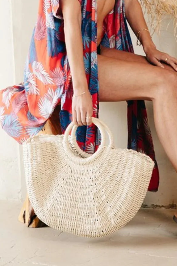 Fame Half Moon Straw Tote Bag