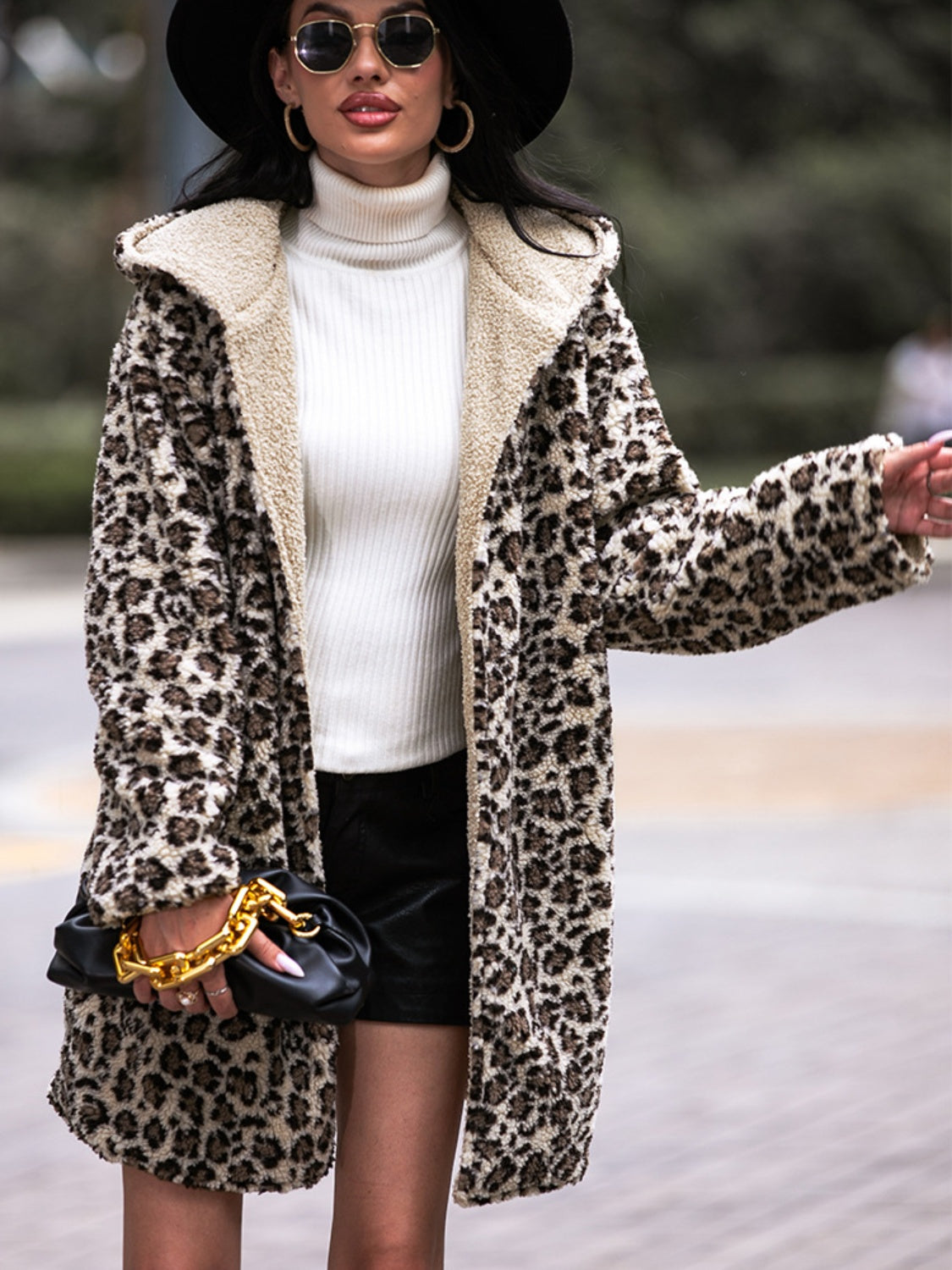 Shiny Leopard Print Hooded Teddy Coat