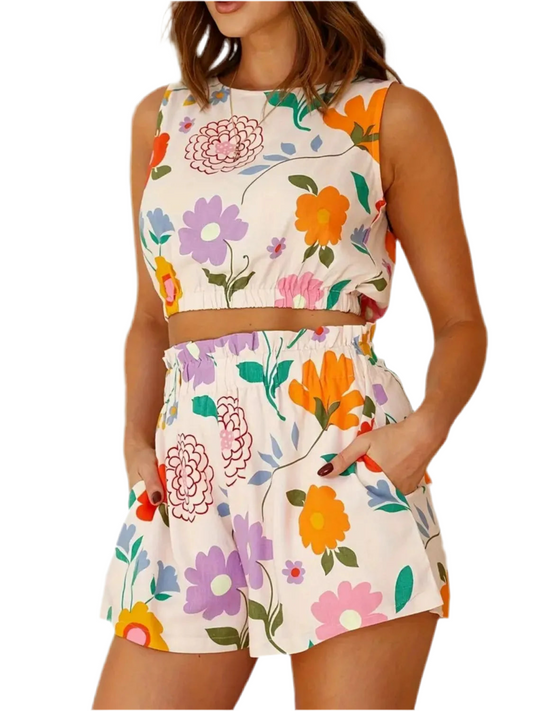 Floral Round Neck Tank and Shorts Set