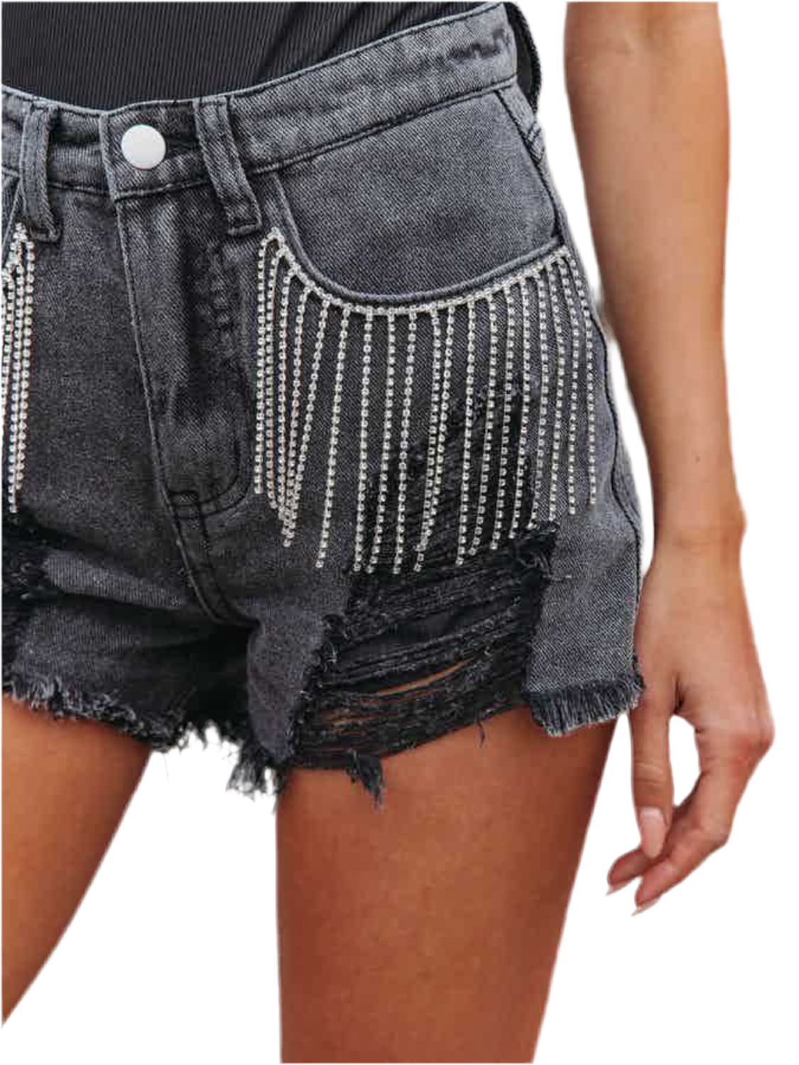 Distressed Fringe Denim Shorts with Pockets
