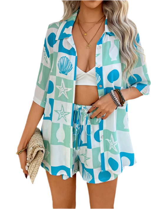 Devine Printed Button Down Shirt and Shorts Set