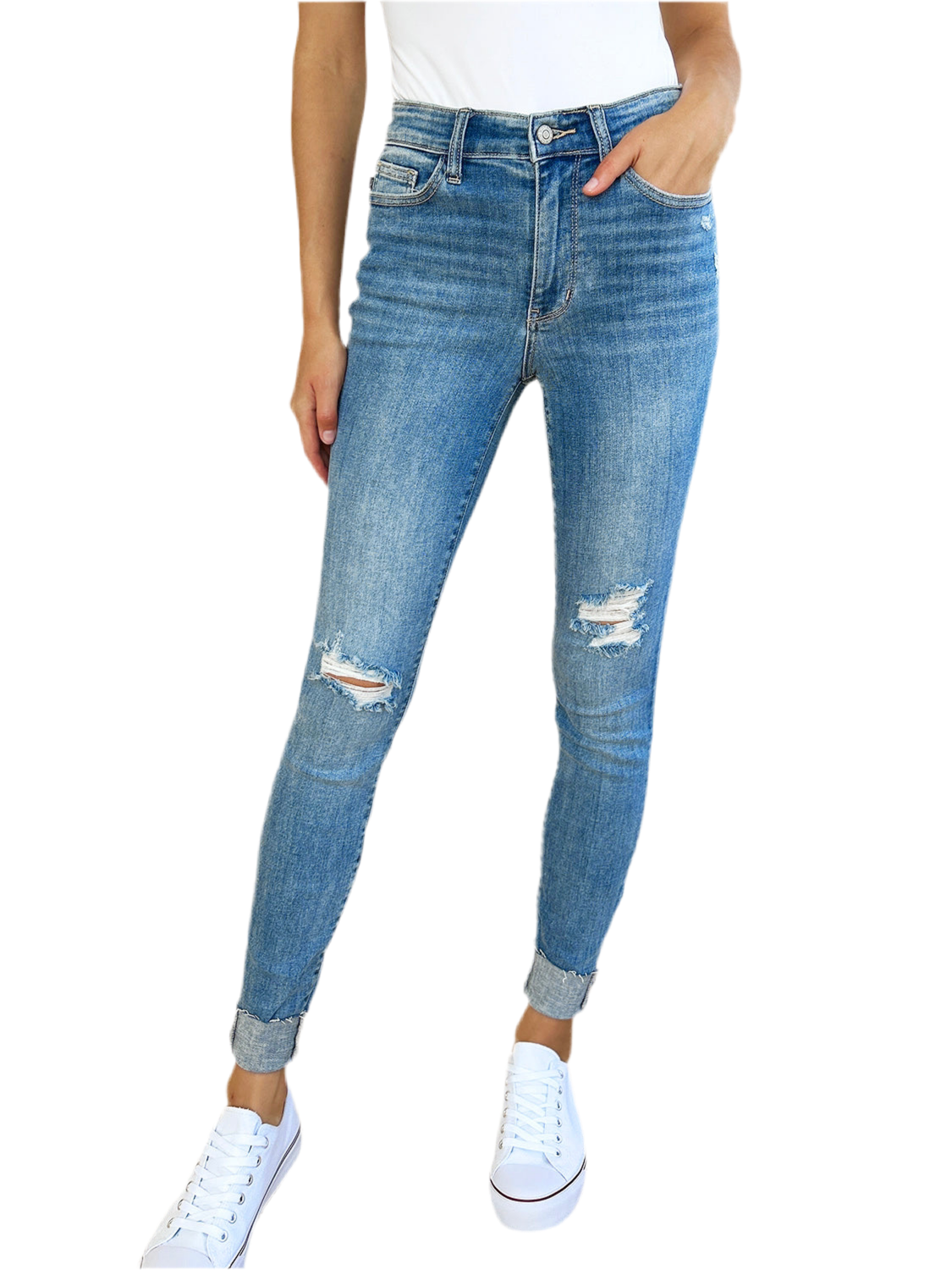 Judy Blue Full Size Mid Rise Destroy & Cuff Skinny Jeans