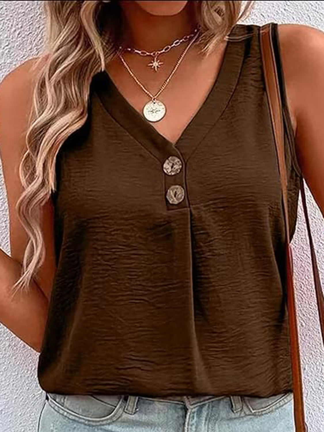 Decorative Button V-Neck Tank