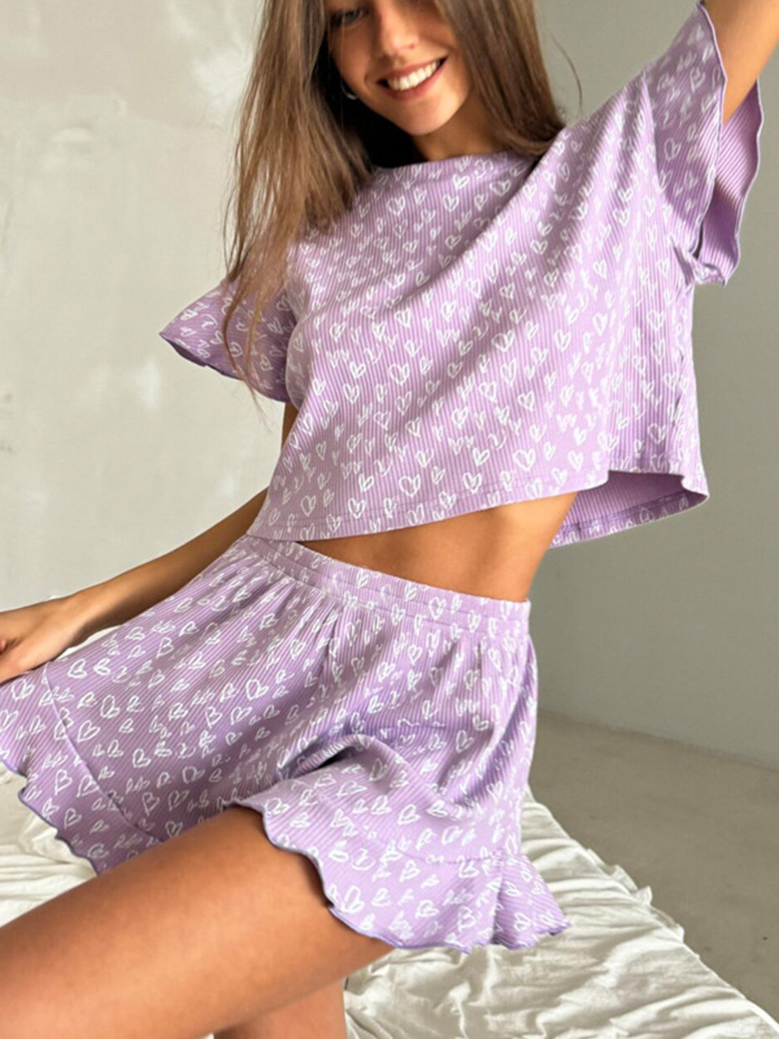 Printed Round Neck Top and Shorts Lounge Set