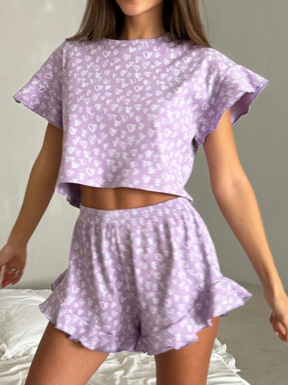 Printed Round Neck Top and Shorts Lounge Set