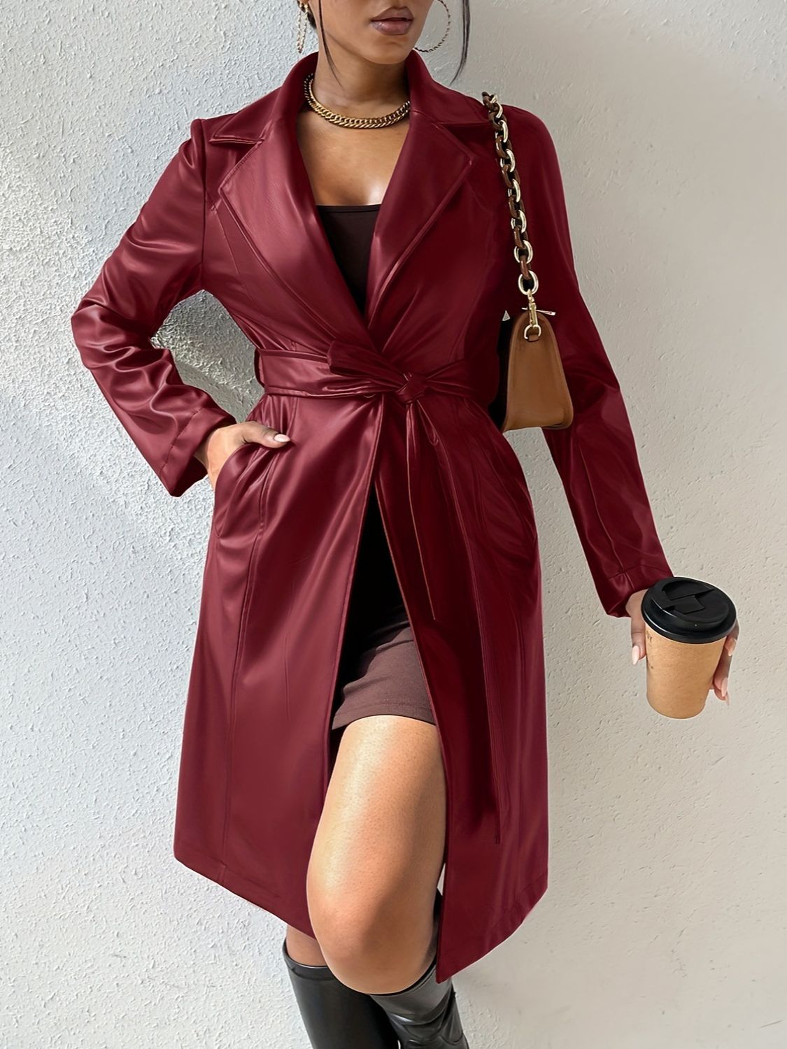 PU Leather Trench Coat